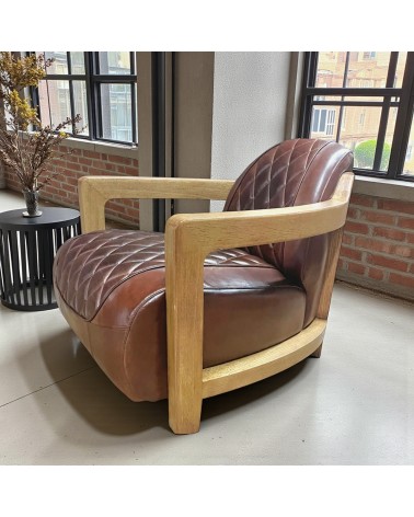 Fauteuil cuir marron vintage et bois - modèle Newman