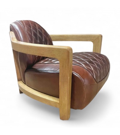 Fauteuil cuir marron vintage et bois - modèle Newman