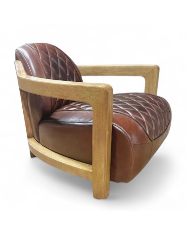 Fauteuil cuir marron vintage et bois - modèle Newman