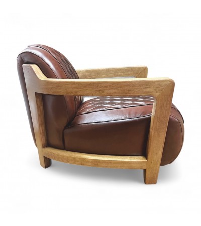 Fauteuil cuir marron vintage et bois - modèle Newman