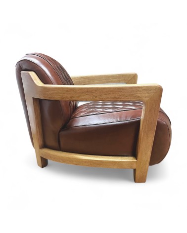 Fauteuil cuir marron vintage et bois - modèle Newman