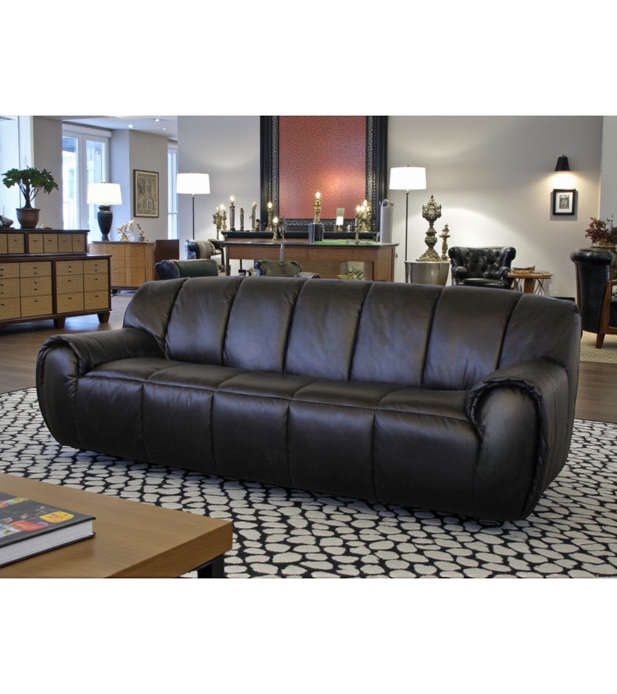 komfortables Sofa aus schwarzem Vintage-Leder "Poppy"