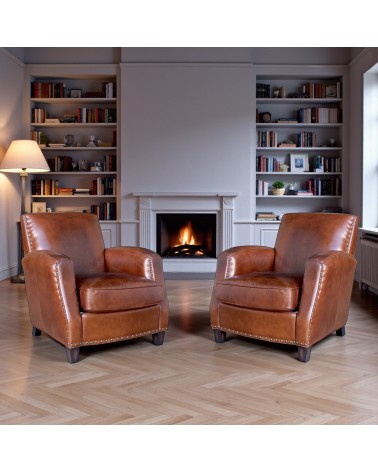 Lot de 2 fauteuils club en cuir marron patiné - collection Henri