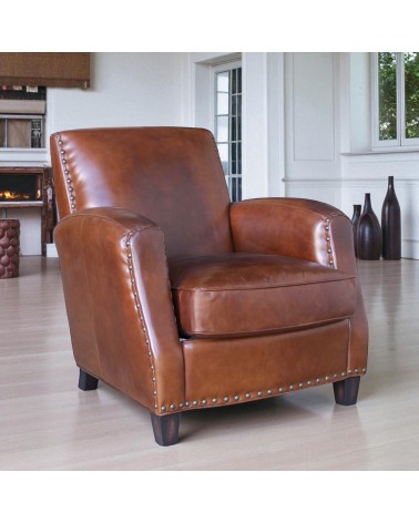 Lot de 2 fauteuils club en cuir marron patiné - collection Henri