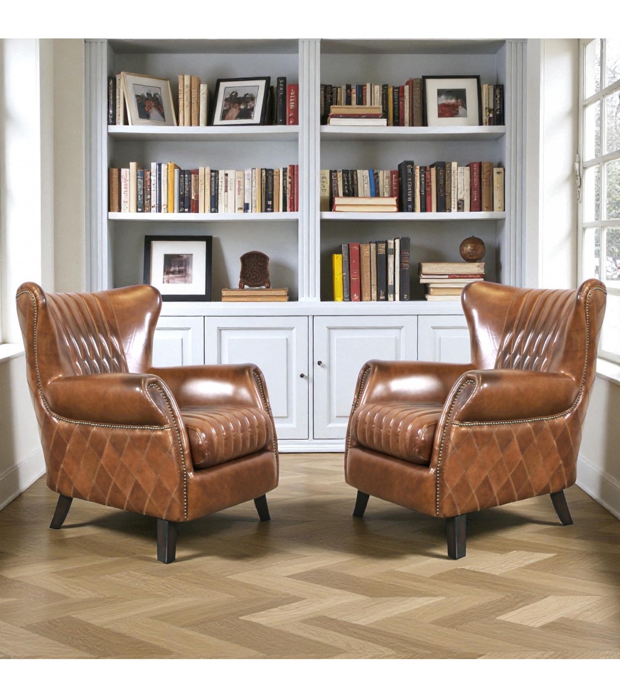 Set aus 2 Vintage-Ledersesseln mit Rautensteppung – Modell Pepper