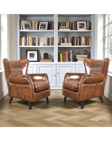 Lot de 2 fauteuils en cuir vintage avec coutures losange - modèle Pepper