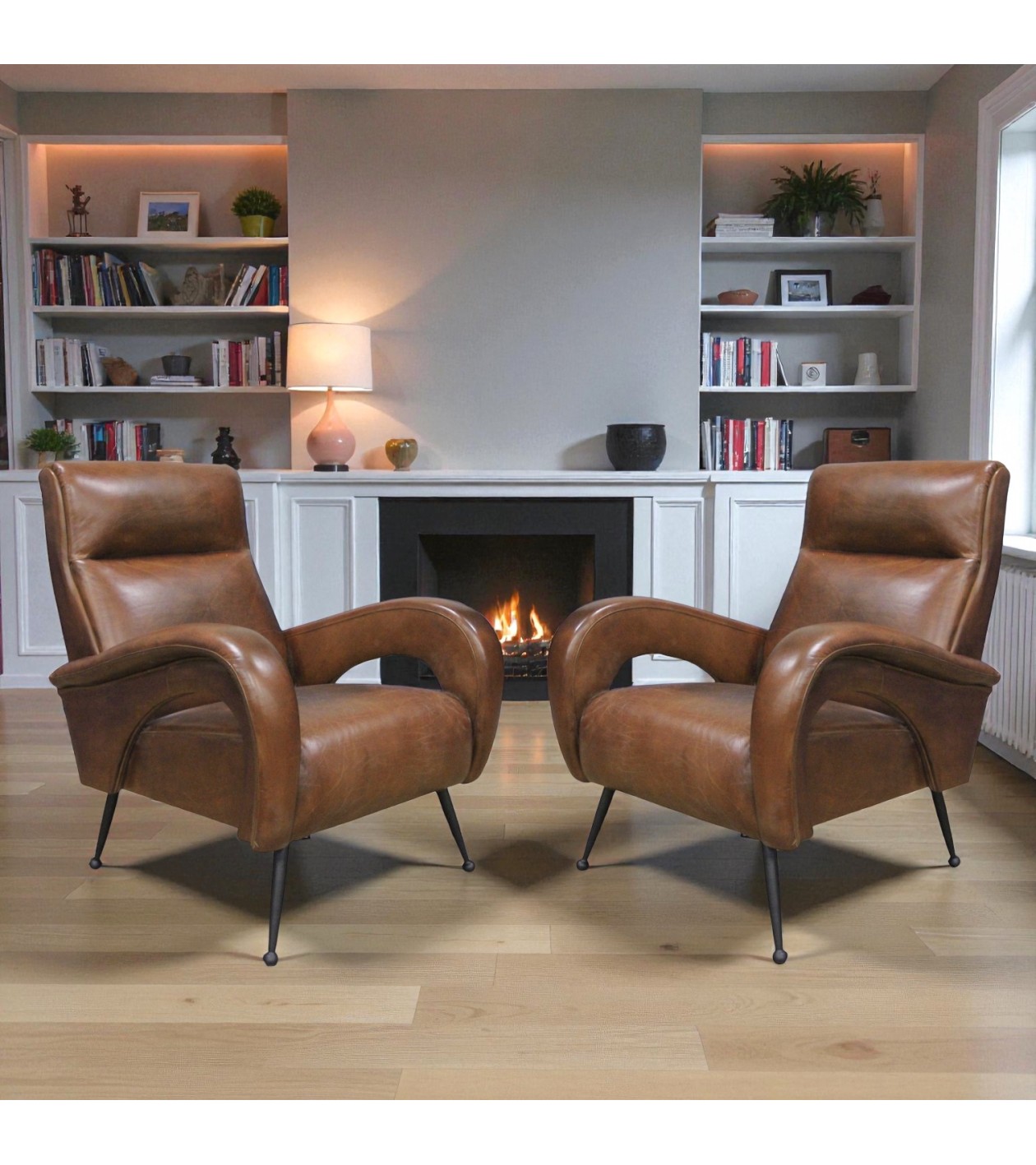 Lot de 2 fauteuils cuir marron design -modèle Ritchie