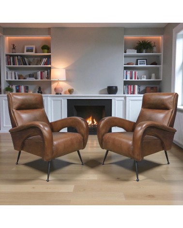 Lot de 2 fauteuils cuir marron design -modèle Ritchie