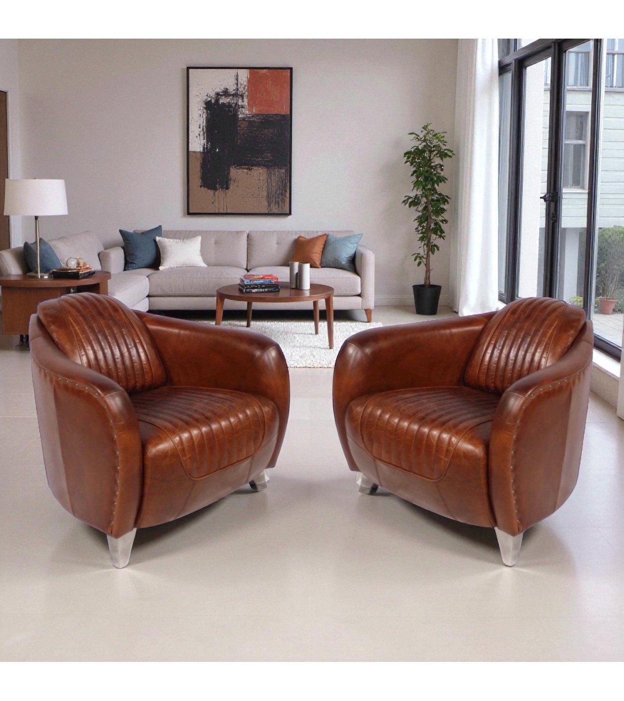 Set aus 2 Club-Sesseln aus braunem Vintage-Leder – Kollektion Stanley