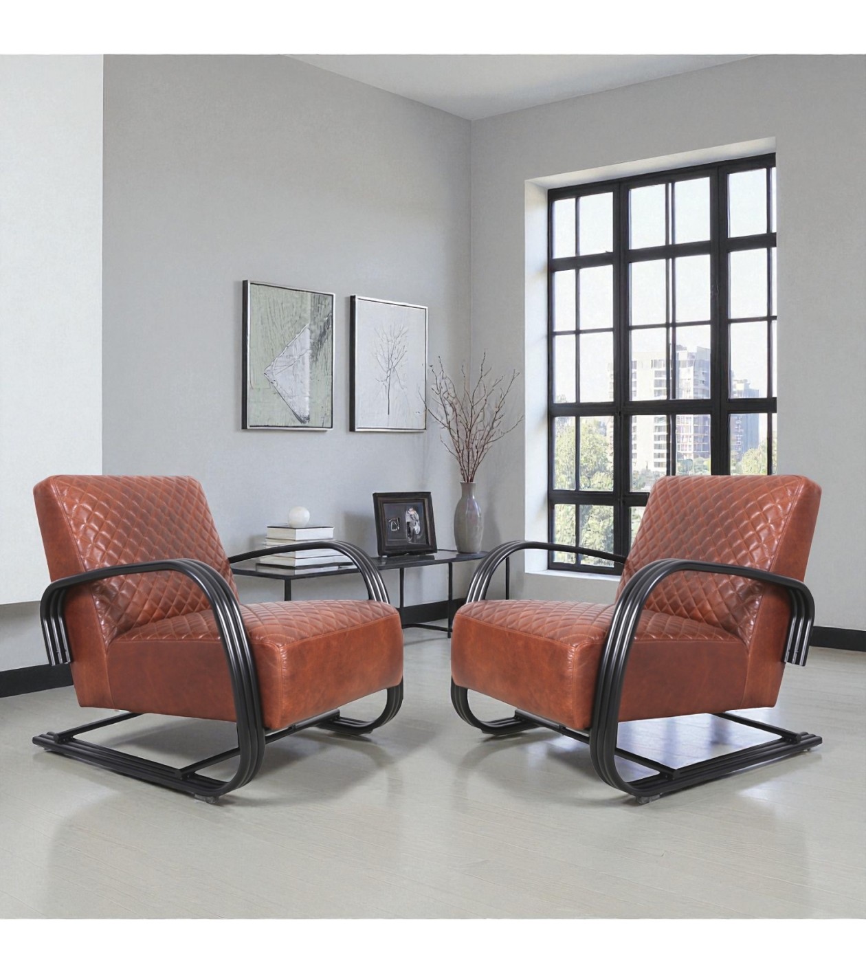 Lot de 2 fauteuils cuir marron et métal - modèle Smith