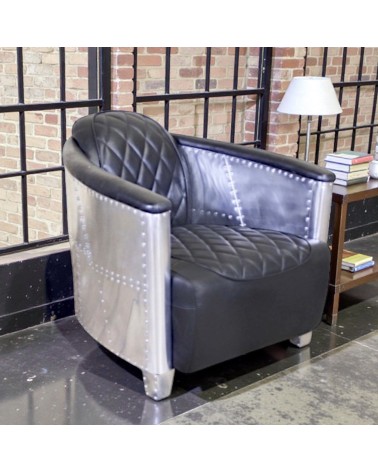 Fauteuil aviateur cuir noir coutures losanges - modèle Betty