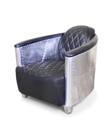 Fauteuil aviateur cuir noir coutures losanges - modèle Betty