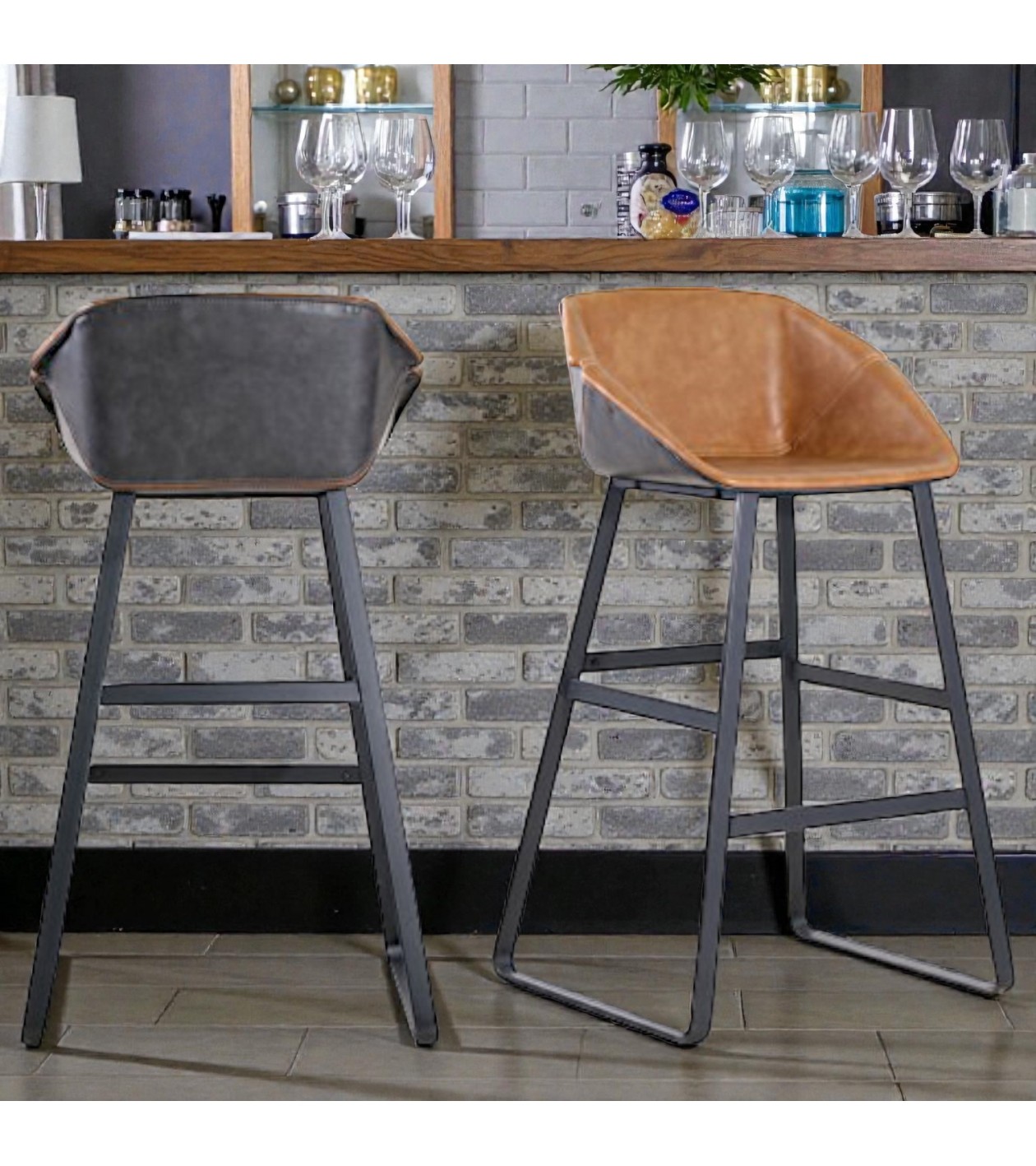 2 x Chaises de bar marron clair et gris - collection Jones