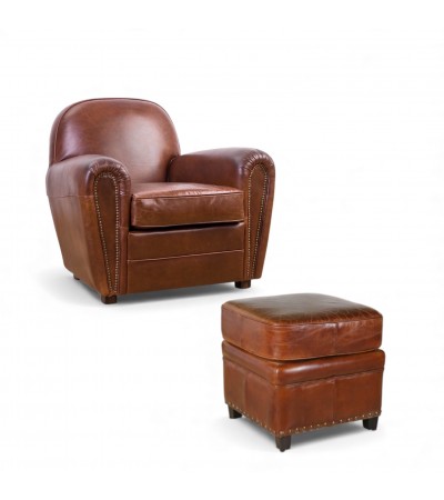 Clubsessel vintage braunes Leder mit seiner Ottomane - Kollektion Charlot