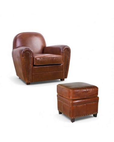 Clubsessel vintage braunes Leder mit seiner Ottomane - Kollektion Charlot