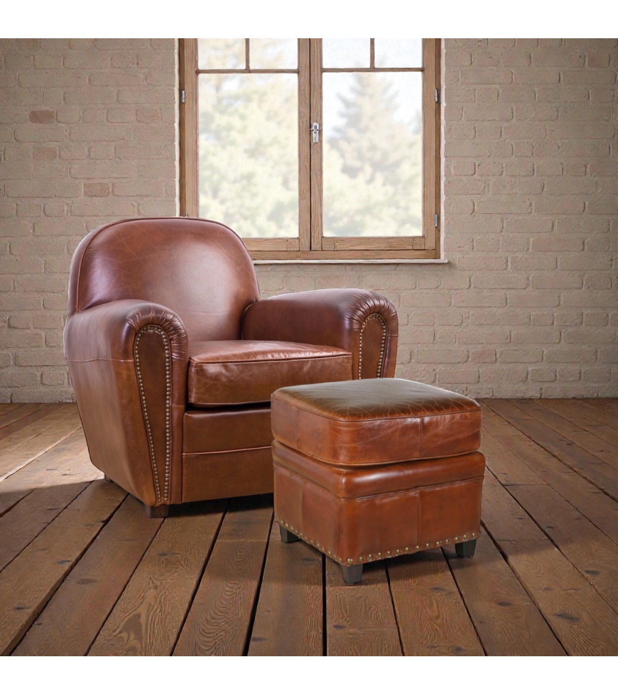 Clubsessel vintage braunes Leder mit seiner Ottomane - Kollektion Charlot