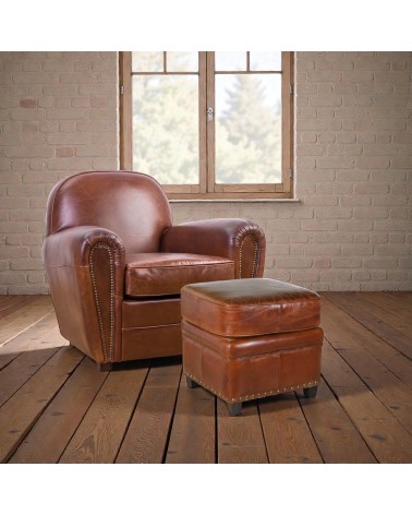 Clubsessel vintage braunes Leder mit seiner Ottomane - Kollektion Charlot