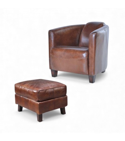 Fauteuil club cuir vintage marron avec son pouf - collection Billy