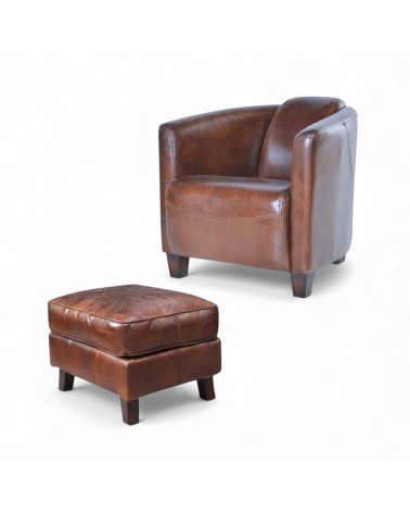 Fauteuil club cuir vintage marron avec son pouf - collection Billy