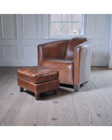 Fauteuil club cuir vintage marron avec son pouf - collection Billy