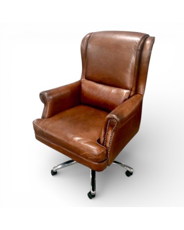 Fauteuil de bureau cuir marron vintage Atticus en métal – vue en perspective