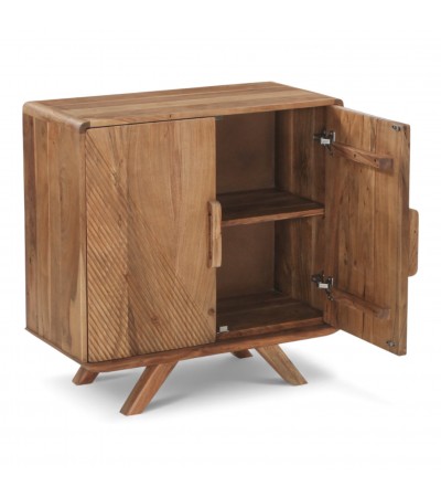 Buffet bois massif Neela avec étagère intérieure et portes ouvertes