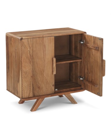 Buffet bois massif Neela avec étagère intérieure et portes ouvertes