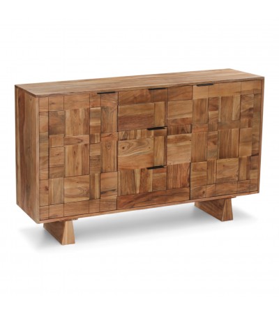 Commode en bois massif Yamini style enfilade avec motif géométrique vue 3/4