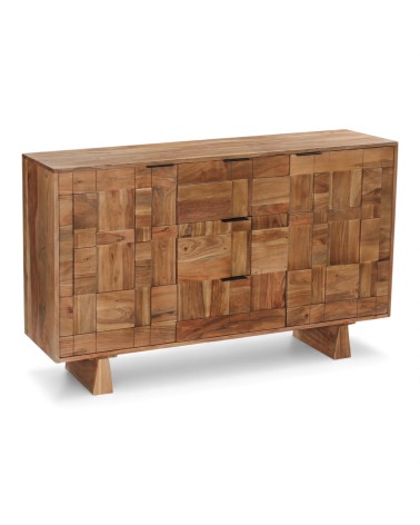 Commode en bois massif Yamini style enfilade avec motif géométrique vue 3/4