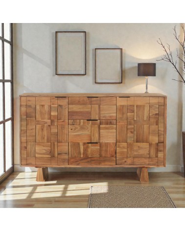 Commode Yamini en bois massif dans un salon moderne et lumineux