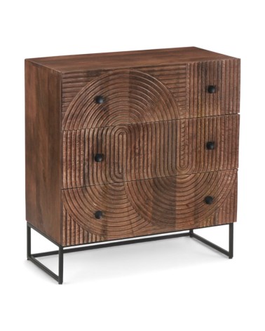 Commode bois massif Anaya vue 3/4 avec structure métallique noire