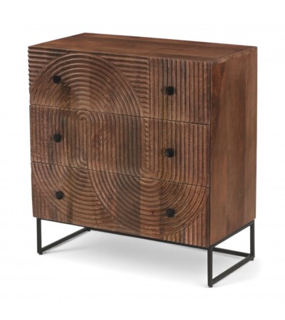 Commode Anaya bois massif avec détails sculptés et poignées noires