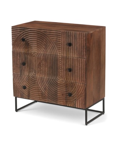 Commode Anaya bois massif avec détails sculptés et poignées noires