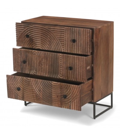 Commode bois massif Anaya avec tiroirs ouverts et rangements