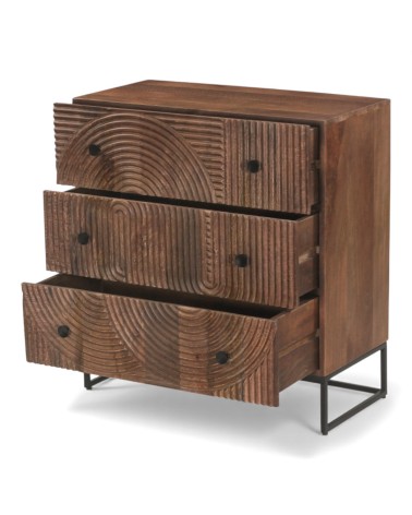 Commode bois massif Anaya avec tiroirs ouverts et rangements