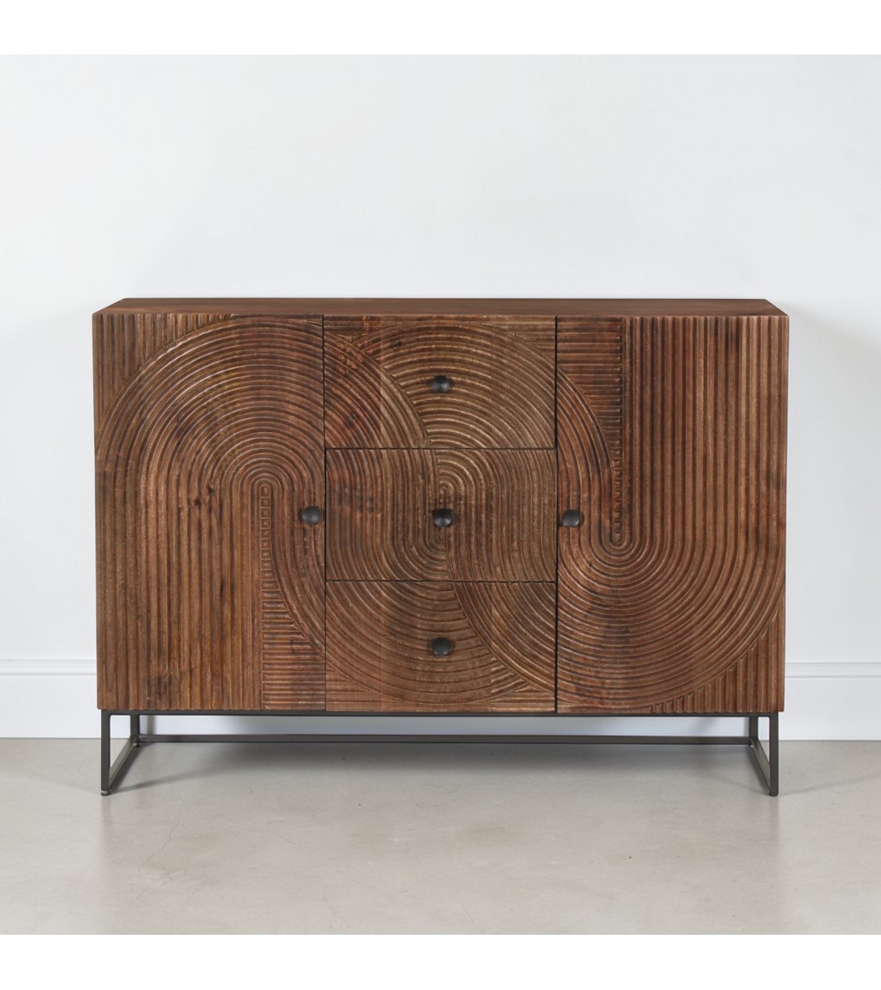 Buffet en bois massif sculpté Anaya avec motifs circulaires en relief