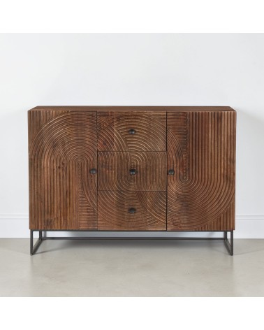 Buffet en bois massif sculpté Anaya avec motifs circulaires en relief