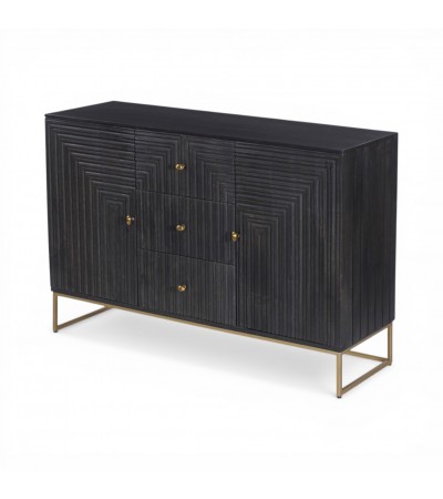Buffet bois massif noir Priya avec relief géométrique sculpté