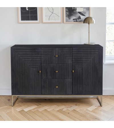 Buffet noir en bois massif sculpté Priya avec pieds métal doré
