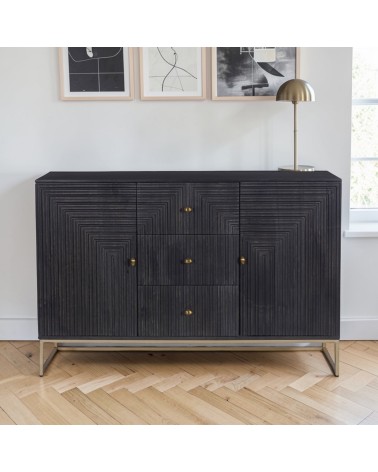 Buffet noir en bois massif sculpté Priya avec pieds métal doré