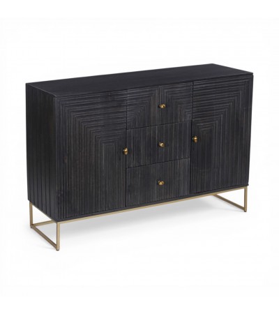Détail du bois massif noir du buffet Priya finition texturée
