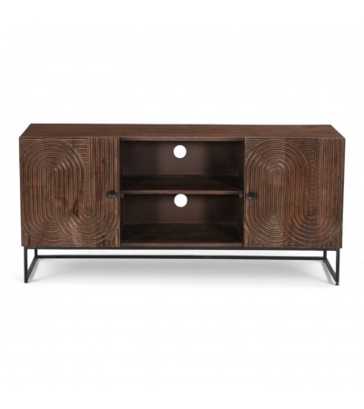 Meuble TV bois massif design sculpté avec façades rainurées Anaya