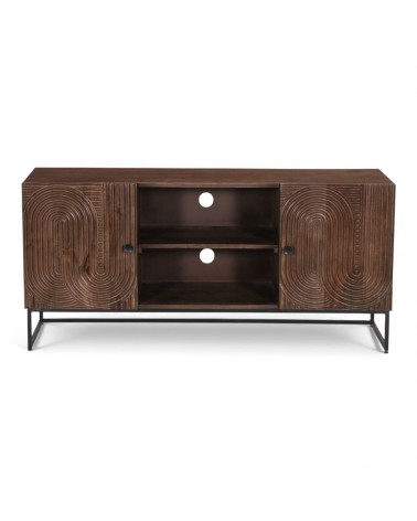 Meuble TV bois massif design sculpté avec façades rainurées Anaya