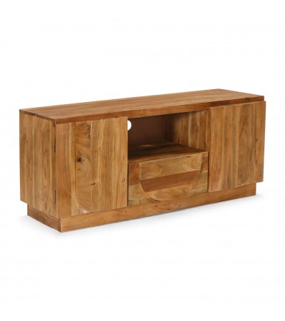 Meuble TV Arya en bois massif vue en perspective avec portes latérales