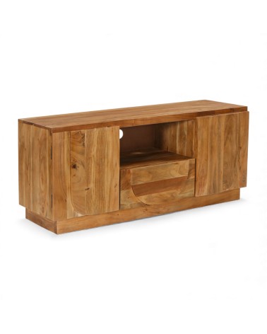 Meuble TV Arya en bois massif vue en perspective avec portes latérales