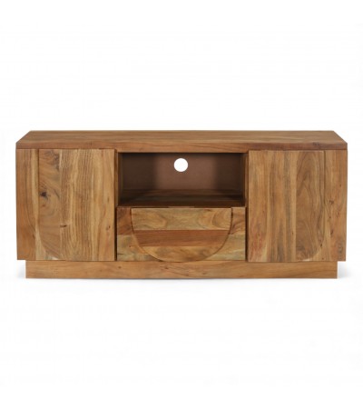 Meuble TV bois massif design avec rangements et tiroir central Arya
