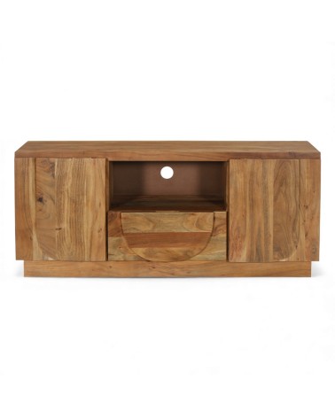 Meuble TV bois massif design avec rangements et tiroir central Arya