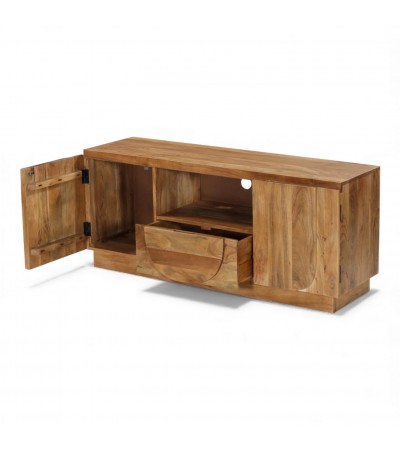 Meuble TV Arya avec portes ouvertes et tiroir central de rangement