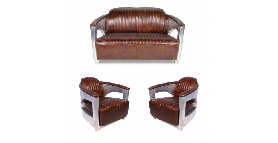 Canapé aviateur "Byrd" et 2 fauteuils aviateurs "Byrd" cuir marron